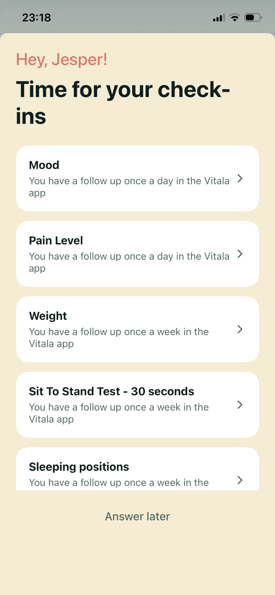 Vitala app check-ins screen