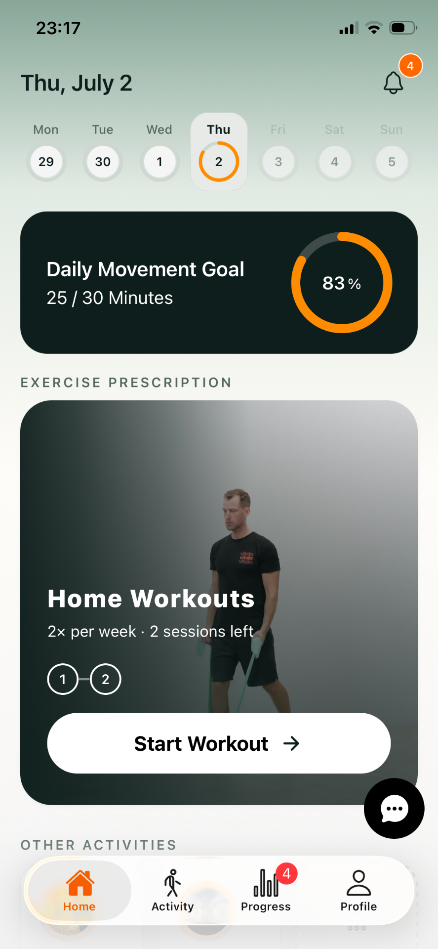 Vitala app home screen showing daily goals