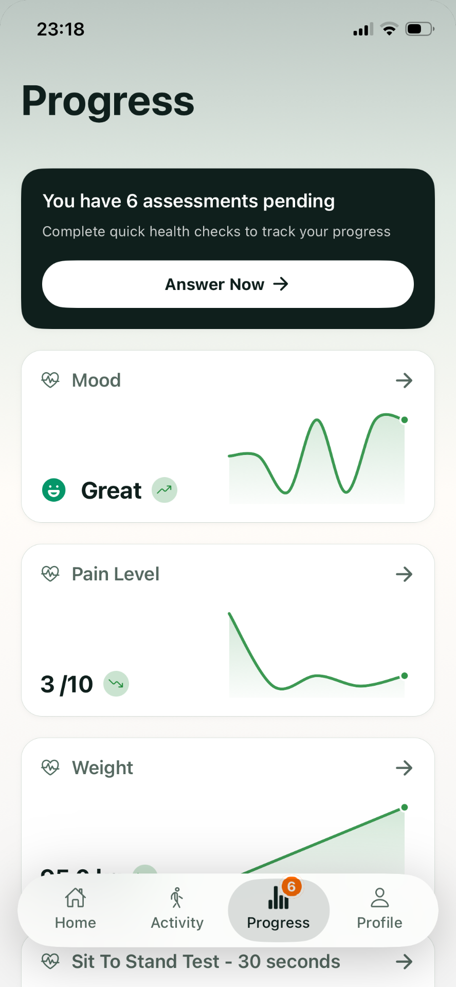 Vitala app progress screen showing trends